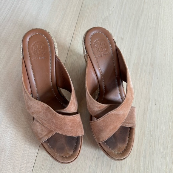 Tory Burch Wedges Shoes High Heels Brown And Gold Size 7.5 - Picture 2 of 8